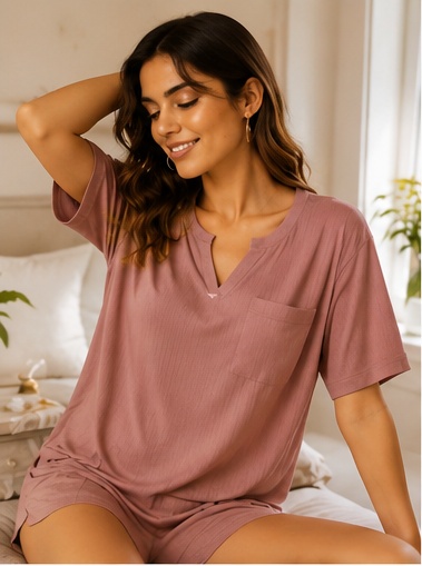 Women’s Mauve Short Sleeve V-Neck Sleep T-Shirt with Pocket